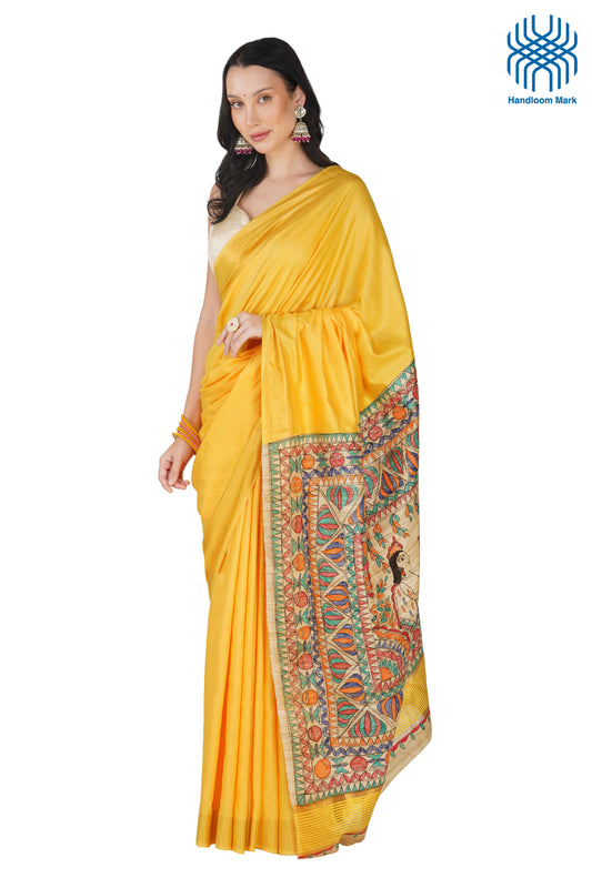 Madhubani Hand Painted Tasar Silk Cotton Saree with Zari Border & Blouse Piece (90cm) | Handloom Certified | Traditional, Festive & Office Wear Saree