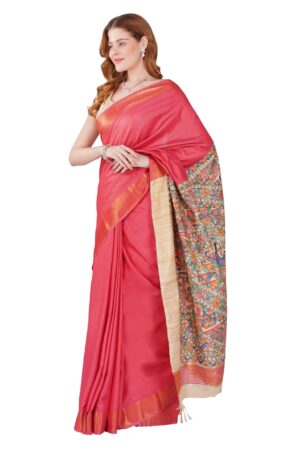 Madhubani Hand Painting Red Silk Saree with Golden Zari Border 2 (3)