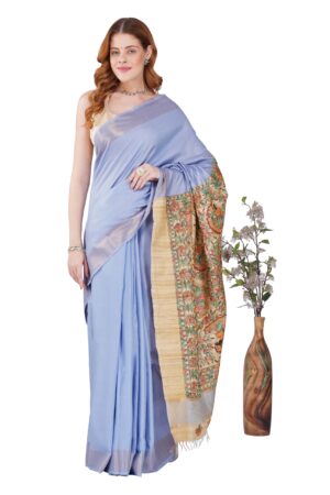 Madhubani Hand Painting Silk Saree with Golden Zari Border 4 (6)