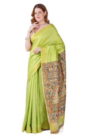 Madhubani Hand Painting Silk Saree with Golden Zari Border 5 (3)