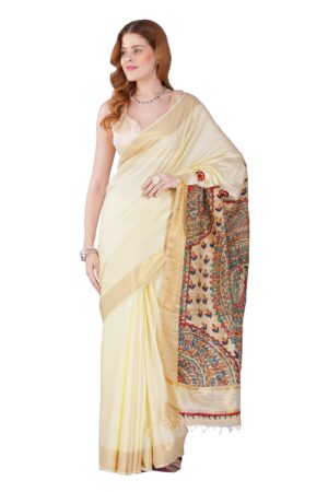 Madhubani golden Hand Painting Silk Saree with Golden Zari Border 6 (2)