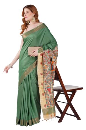 Madhubani Hand Painting Green Silk Saree with Golden Zari Border7 (6)